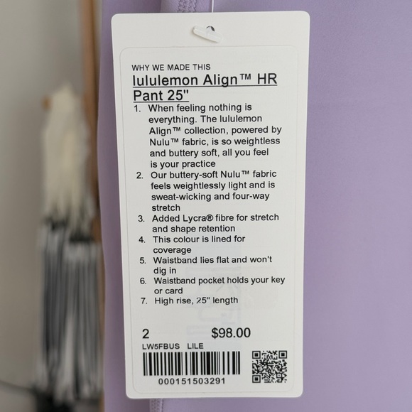 NWT Lululemon Align High Rise Pants 25", Lilac Ether, Size 2 - Picture 8 of 8